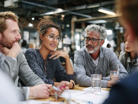 Multiethnic group of businesspeople brainstorming and strategizing in a meeting