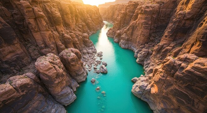 A vibrant turquoise river snakes through a narrow, sunlit canyon, its walls composed of reddish-brown, textured rock formations. The water is calm, reflecting the warm light