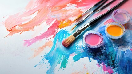 Obraz premium Vibrant watercolor paint splash on blank canvas with clean brushes, for creative background, artistic banner, corporate branding, educational material