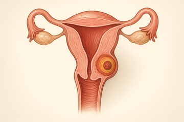 Obraz premium Sagittal anatomical section of uterus showing focal adenomyosis. Single adenomyotic nodule in posterior myometrium with concentric tissue zones. Endometrial cavity intact. Clean, medical visualization