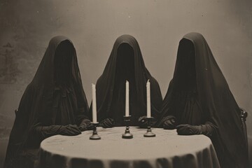 Mysterious Figures in Cloaks Gathered Around a Table with Candles