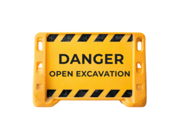 A yellow warning sign indicating danger due to an open excavation, featuring black stripes and bold text.