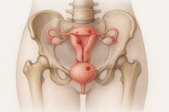 Anterior anatomical view of female pelvis with transparent overlay showing uterus, bladder, and peritoneal cavity. Red lesions indicate anterior compartment endometriosis with bladder symptoms.