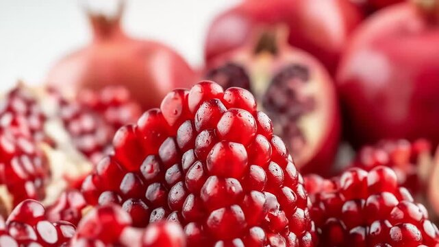 Close-up view of vibrant red, juicy pomegranate arils with whole fruits in the soft background.