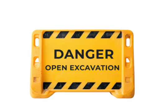 A yellow warning sign indicating danger due to an open excavation, featuring black stripes and bold text.