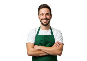 Smiling man wearing a green apron isolated on transparent background