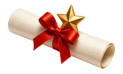 Mini red ribbon and gold star decoration on a rolled-up diploma.