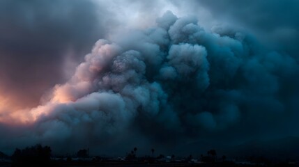 Obraz premium Dramatic smoke cloud from a nearby wildfire near a town