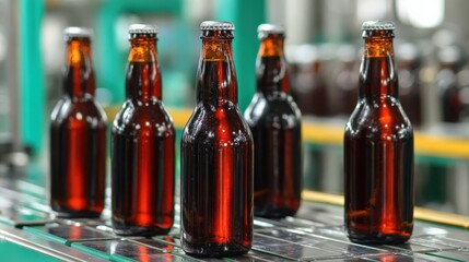 Bottles of beverage in production line highlighting the bottling process