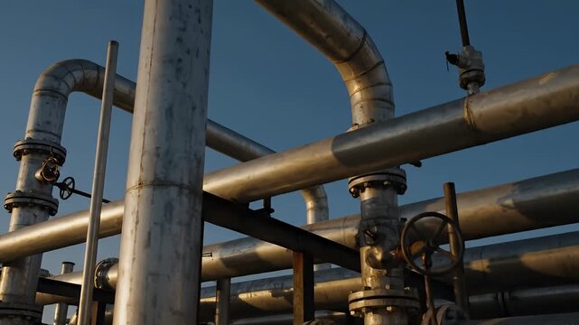 Metallic industrial pipes crisscross under a pale blue sky Valves and flanges connect the pipes