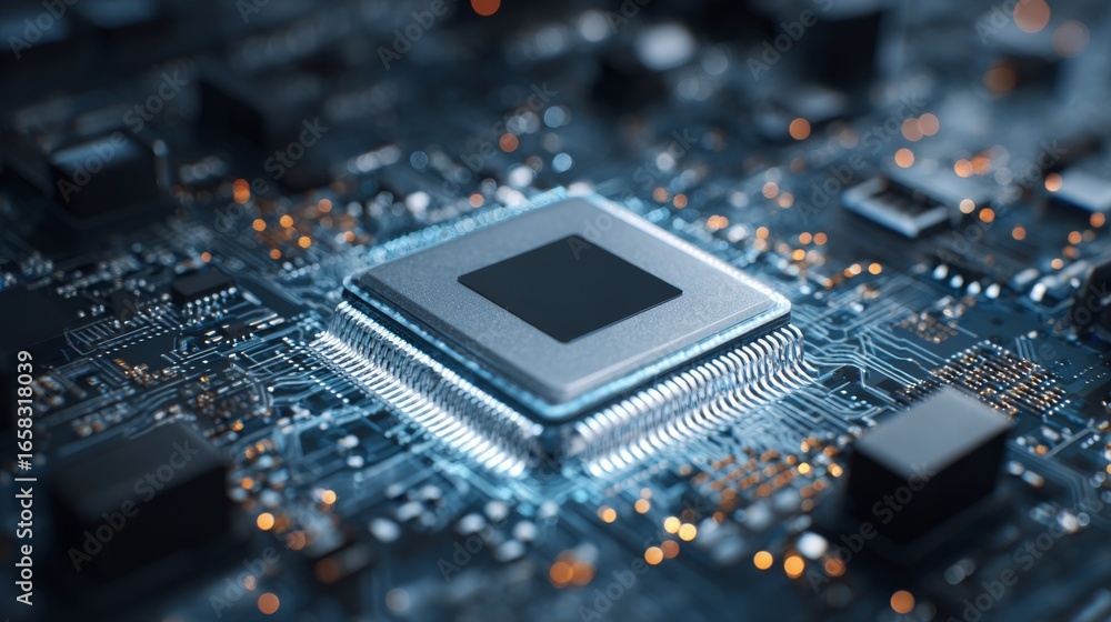 Poster close-up of a glowing integrated microchip on a circuit board with detailed electronic components an