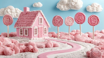 Whimsical Candy House in a Dreamy Landscape of Lollipops and Clouds