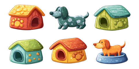 Fototapeta premium Colorful Dog Houses with Playful Dogs on Transparent Background