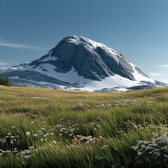 Snowcapped mountain with wildflower meadow, green grass, blue sky, peaceful landscape, nature, summer, scenic view