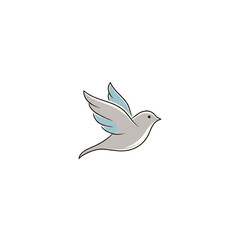 Obraz premium Elegant minimalist illustration of a small flying bird with blue wings, symbolizing peace and freedom