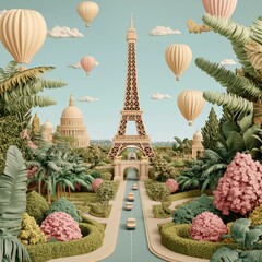 Fantasy Landscape with Eiffel Tower Surrounded by Colorful Nature