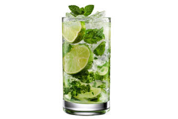 A glass of limeade with a lime wedge in it