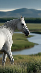 Obraz premium White horse standing in green grass near river, mountain landscape in background, peaceful and natural atmosphere
