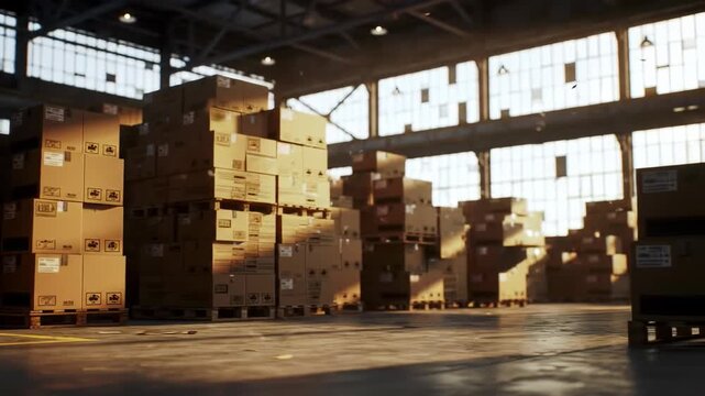 Boxes stacked on pallets in a warehouse setting during daytime.