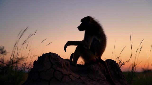 Baboon Silhouette Sitting on Rock Against Sunset Sky