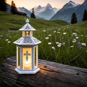 Glowing Swiss lantern with white cross motif, resting on rustic wood with alpine meadow in soft focus.  