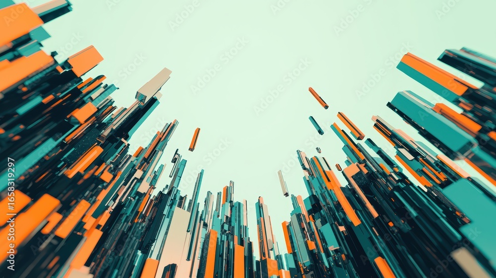 Poster abstract 3d landscape with colorful vertical structures in space