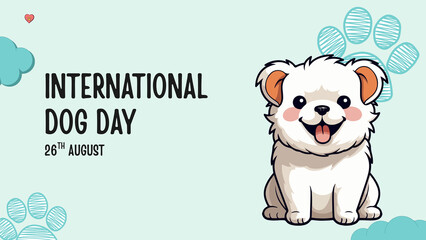 International Dog Day a cheerful and cute cartoon illustration of a fluffy white puppy sitting  background is a soft, light blue with decorative, light blue paw prints scattered around the corners.