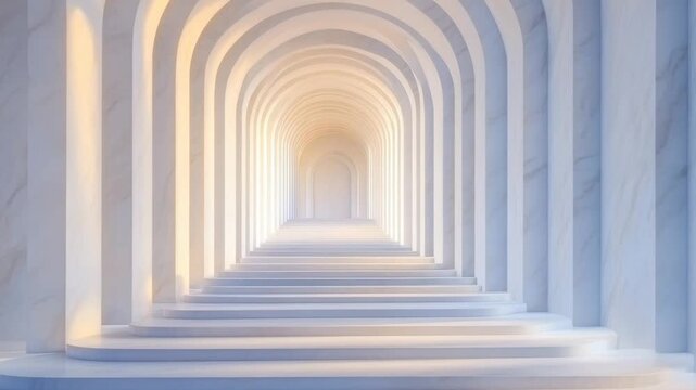 Elegant architectural hallway of repeating white marble arches and soft light. Journey, future, success. Clean, minimalist. Ideal for luxury showcases, corporate presentations, spa backgrounds.