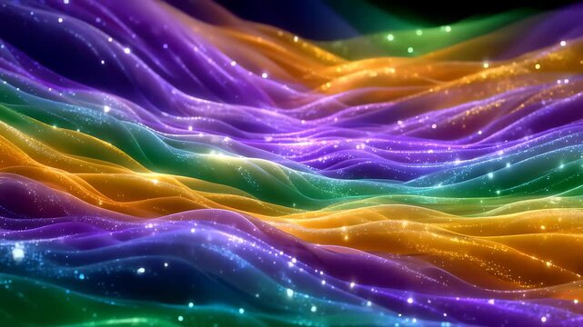 Abstract sparkling waves in Mardi Gras colors. Celebration, festival, carnival. Vibrant, festive. Ideal for Mardi Gras events, party visuals, festive backgrounds.