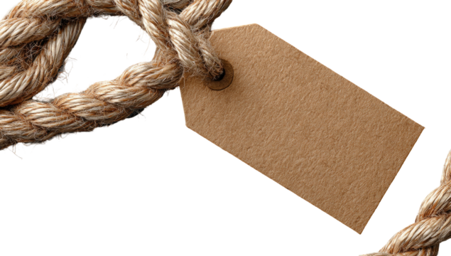 Beige tag tied to intertwined ropes