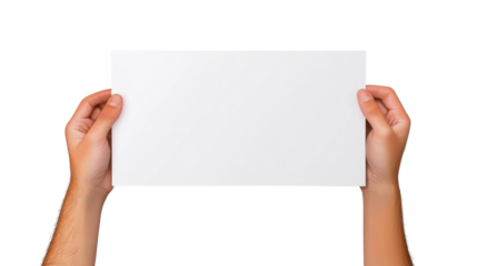 Hands holding blank paper sheet. Isolated on transparent background.