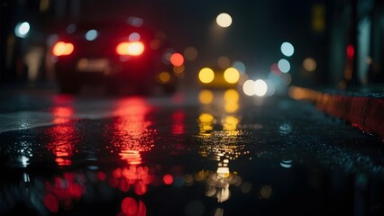 Rainy Night Street with Blurred Car Lights Reflecting on Wet Pavement