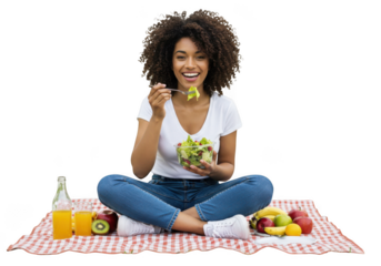 Woman eating salad at a picnic isolated on transparent background