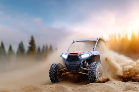 Off-road adventure with a dune buggy in a forested desert landscape at sunset - Powered by Adobe