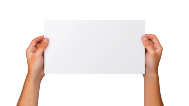 Hands holding blank paper sheet. Isolated on transparent background.
