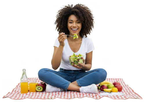 Woman eating salad at a picnic isolated on transparent background - Powered by Adobe