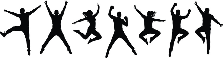 Obraz premium Jumping silhouette poses, dynamic body movement, expressive gesture vector art, joy, freedom, celebration, active lifestyle, motion, energy, emotio
