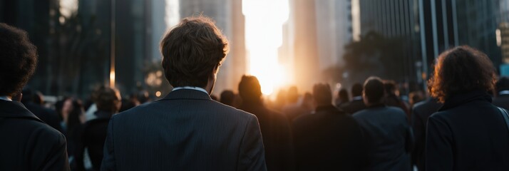Morning commute in urban city with business crowd and sunrise
