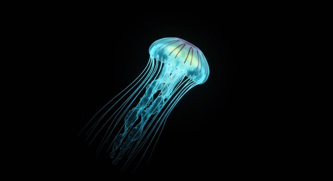 A bioluminescent jellyfish floats gracefully in darkness. Its translucent bell glows a vibrant blue, trailing long, delicate tentacles in the void