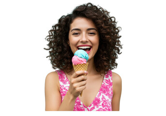 Happy woman eating a colorful ice cream cone isolated on transparent background