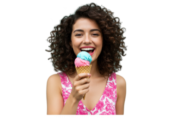 Happy woman eating a colorful ice cream cone isolated on transparent background