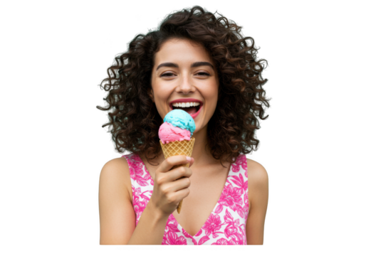 Happy woman eating a colorful ice cream cone isolated on transparent background