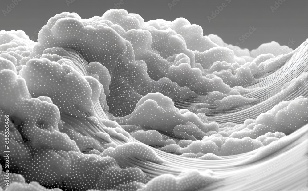 Poster a computer generated image of a white cloud with a wave pattern
