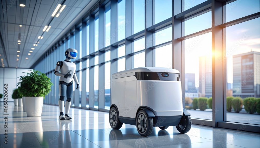 Aufkleber futuristic delivery robot navigating a modern office environment with