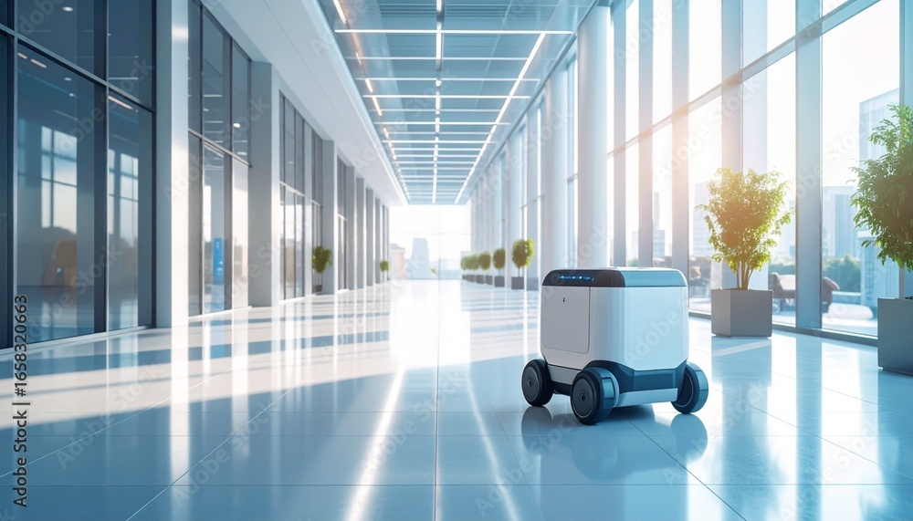 Poster futuristic delivery robot navigating through a modern office building