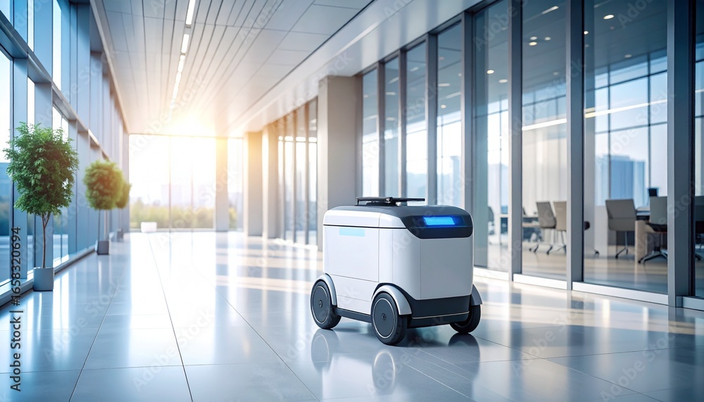 Poster autonomous delivery robot navigating a modern office space with glass