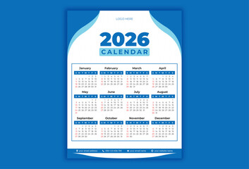 2026 calendar blue theme vector template design