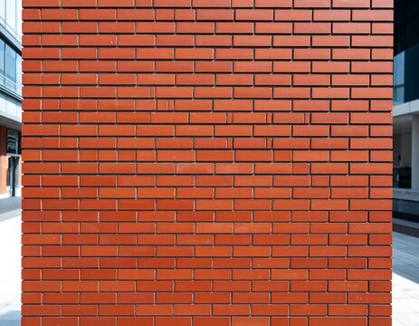 Detailed view of a modern terracotta brick wall with precise brickwork in urban setting