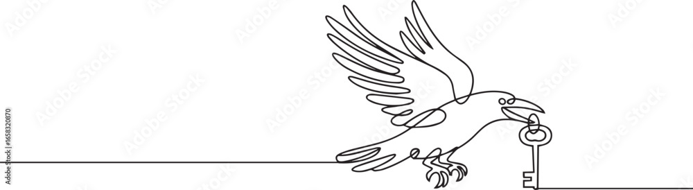 Poster continuous one line art of a raven flying with a key in its beak, minimalist single line bird drawin