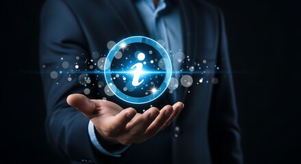 Get vital information easily with a man holding a glowing info icon in his hand for business solutions